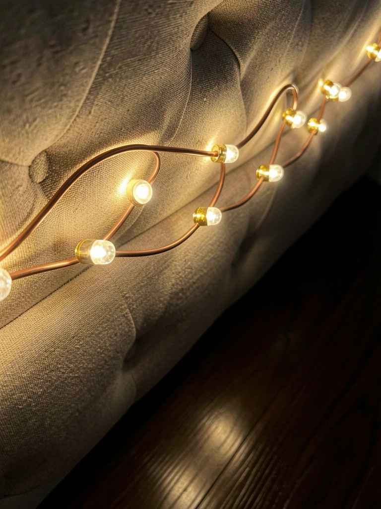 Cabeceira estofada em tecido cinza com fita LED acesa atrás, criando um halo de luz na parede