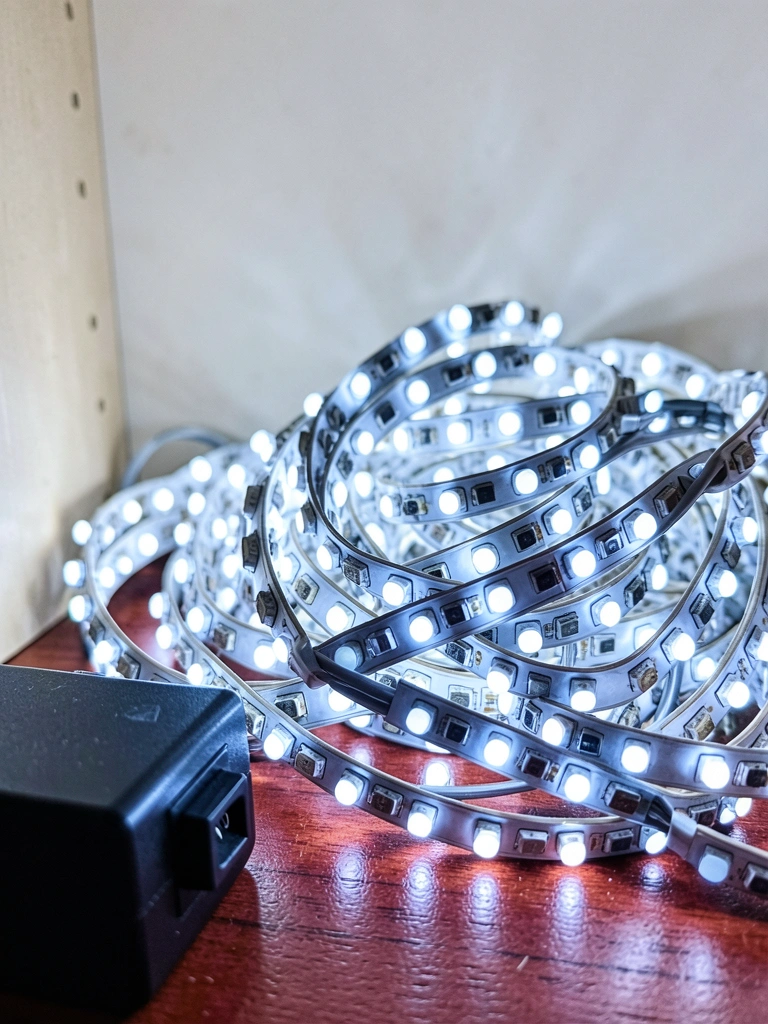 Interior de guarda-roupa com prateleiras e fita LED acesa