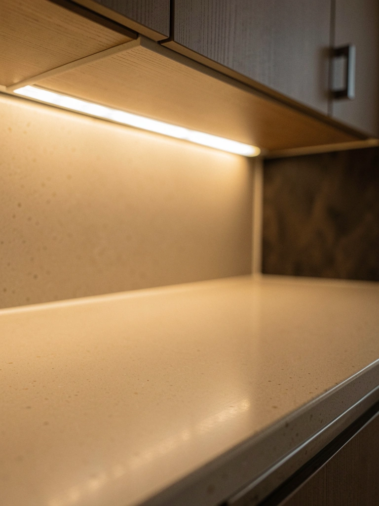 Fita LED acesa sob armários de cozinha, iluminando o balcão