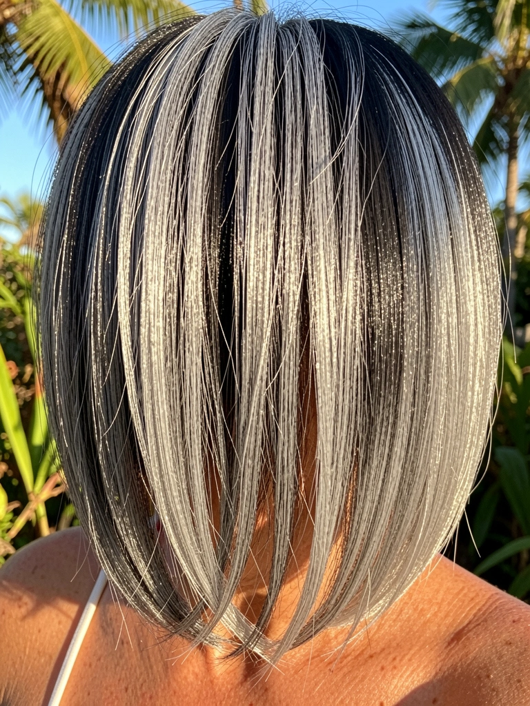 Close-up de cabelo longo com ombre prateado, mechas cinza e luz natural destacando a textura dos fios.