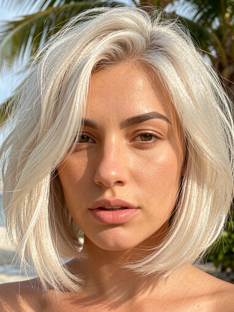 Platinum blonde bob com ondas suaves, pele com glow natural e fundo tropical desfocado, luz difusa destacando textura e volume.