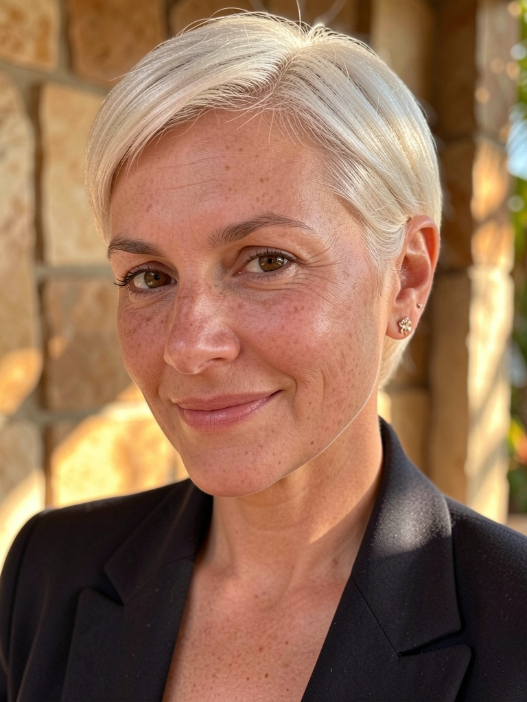 Close-up de mulher com cabelo platinado curto, sardas sutis e sorriso confiante, usando blazer escuro e brinco elegante, fundo de parede de pedra desfocada com luz natural.