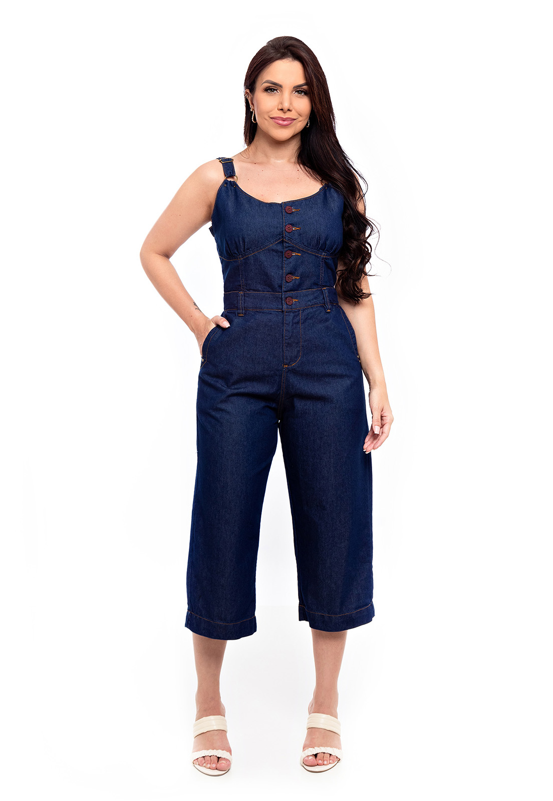 macacão pantacourt jeans feminino