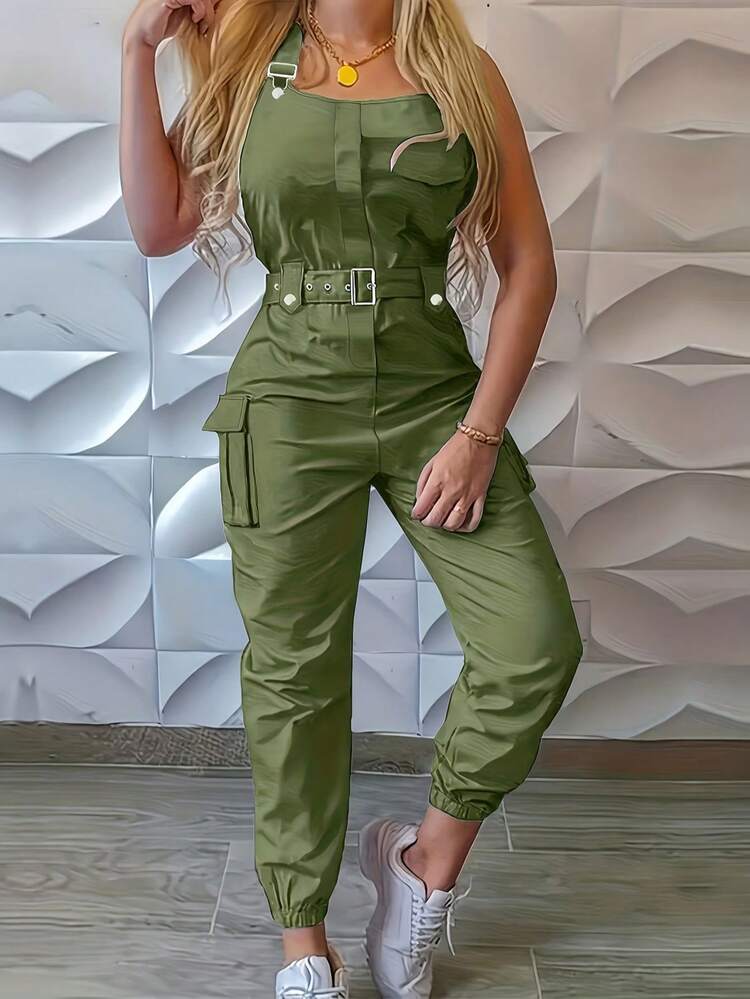 macacão utilitário feminino com cinto e bolsos