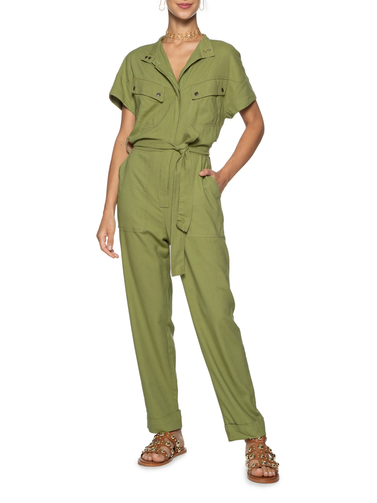 macacão utilitário feminino com cinto bege