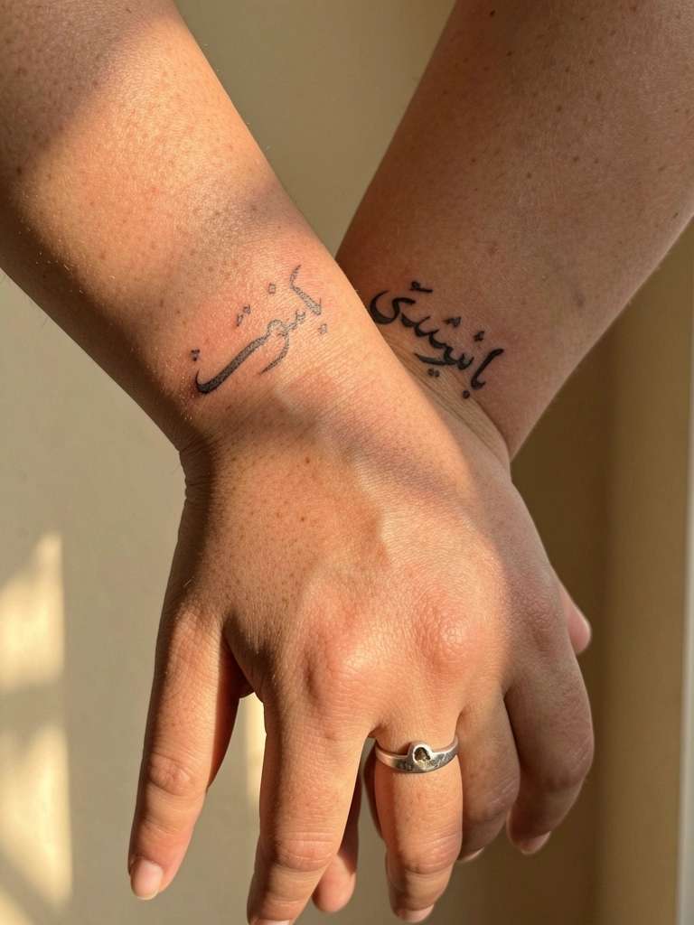 Pulso feminino com tatuagem em escrita árabe e anel de prata desgastado, luz suave e fundo bege desfocado.