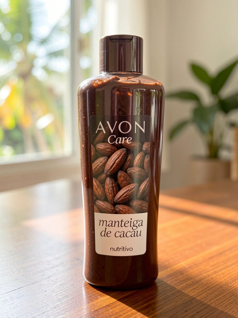 Frasco alto de loção corporal Avon Care manteiga de cacau sobre superfície de madeira polida, luz difusa destacando a textura dos grãos de cacau e o rótulo moderno.