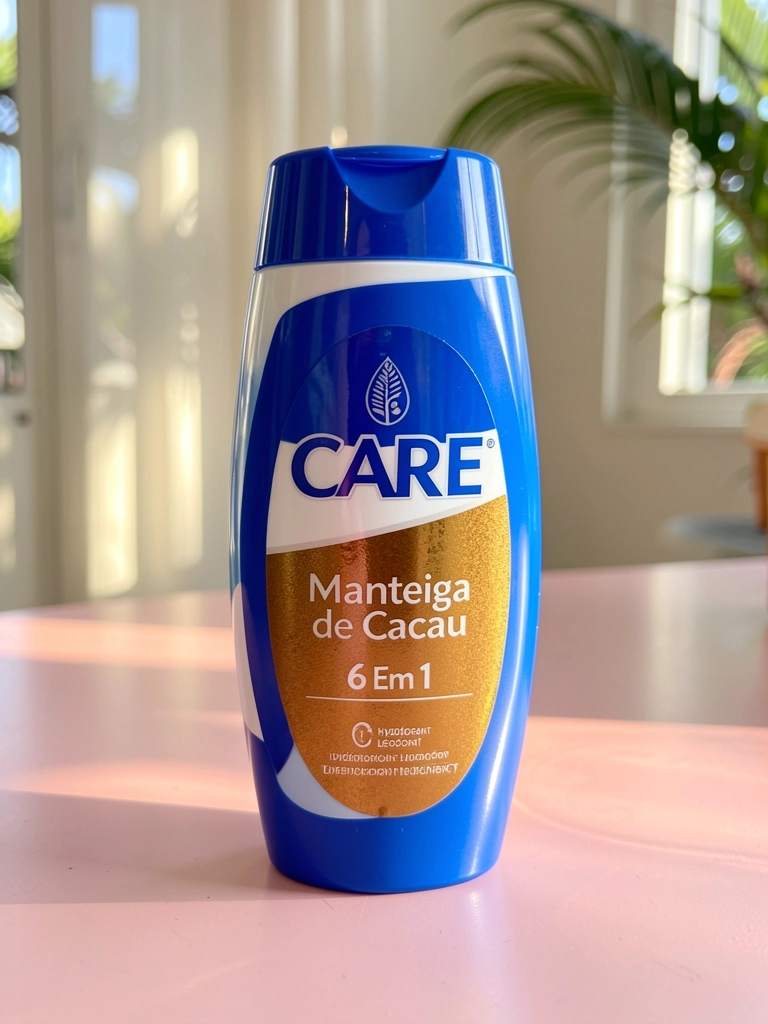 Frasco azul e branco de loção hidratante Avon Care com rótulo dourado e texto 
