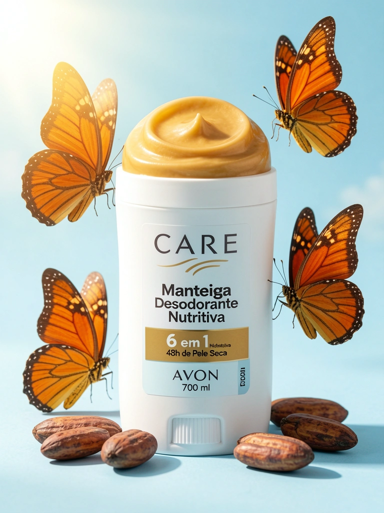Frasco branco de Avon Care Manteiga Desodorante Nutritiva sobre fundo azul claro, com borboletas laranjas e grãos de cacau ao redor, luz natural.