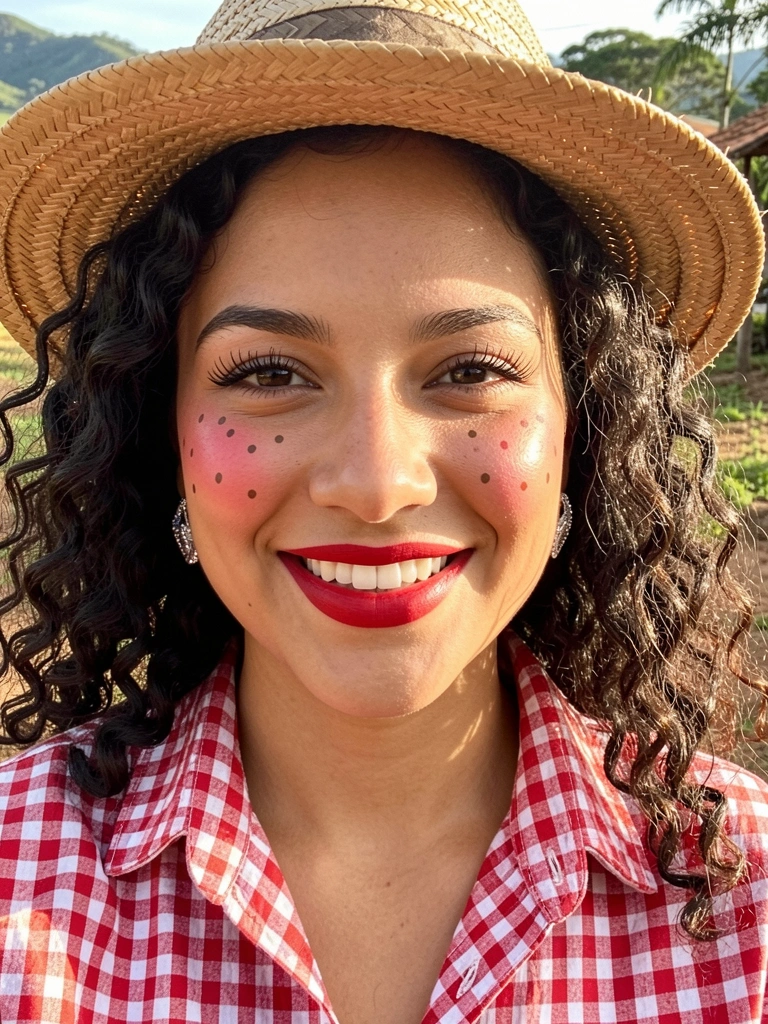 Jovem com cabelo cacheado e chapéu de palha, camisa xadrez vermelha e branca, blush em bolinhas e batom vermelho, brincos de prata, luz natural.