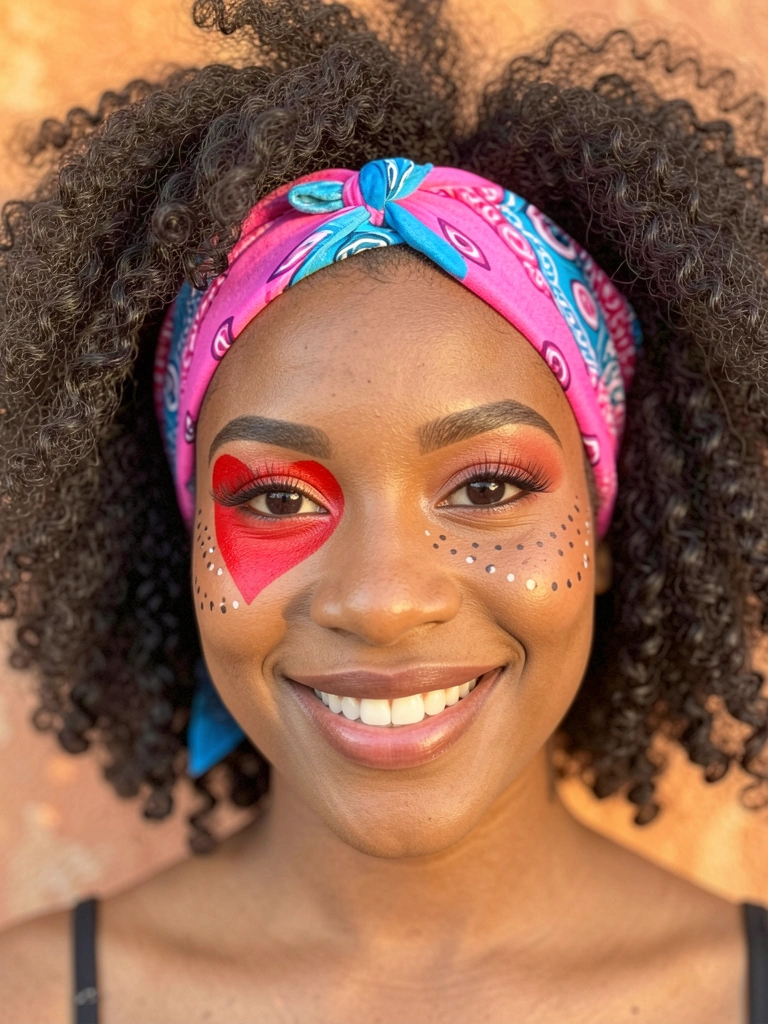 Jovem negra com cabelo crespo volumoso, bandana rosa e azul, maquiagem com coração vermelho no olho esquerdo e pintinhas nas bochechas, sorrindo com luz dourada suave.