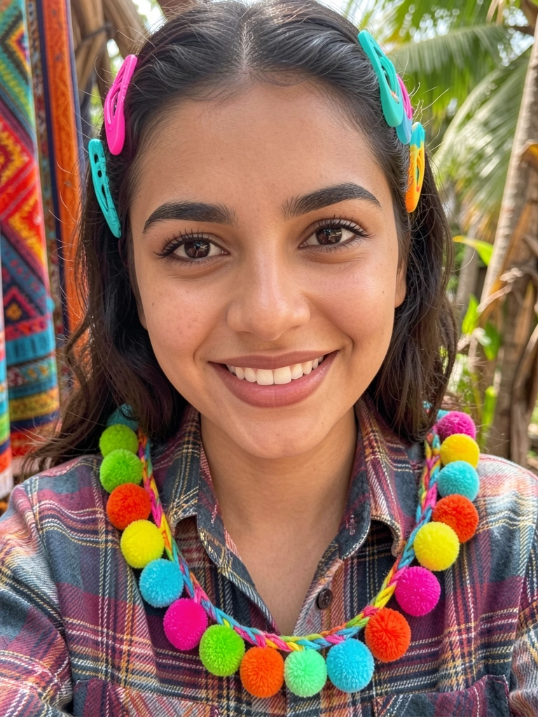 Jovem com camisa xadrez e presilhas neon rosa e turquesa, sorriso natural sob luz solar difusa, fundo desfocado com tecidos vibrantes.