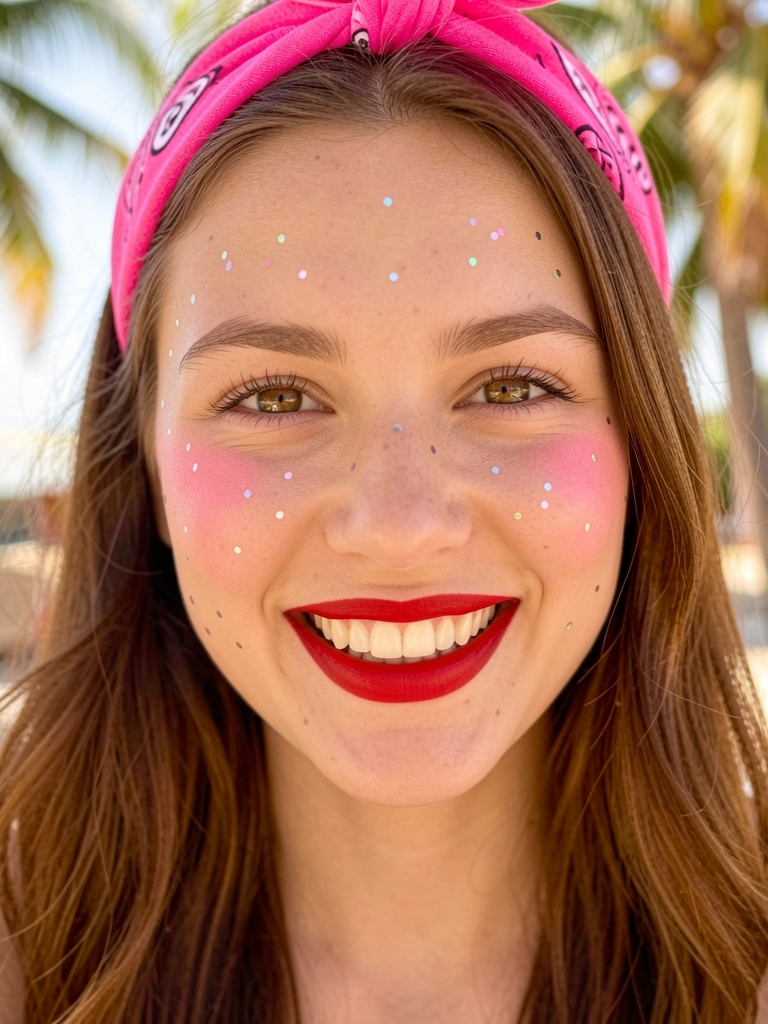 Jovem de cabelos castanhos e olhos avelã com glitter iridescente no rosto, bandana rosa e batom vermelho, sob luz natural suave.