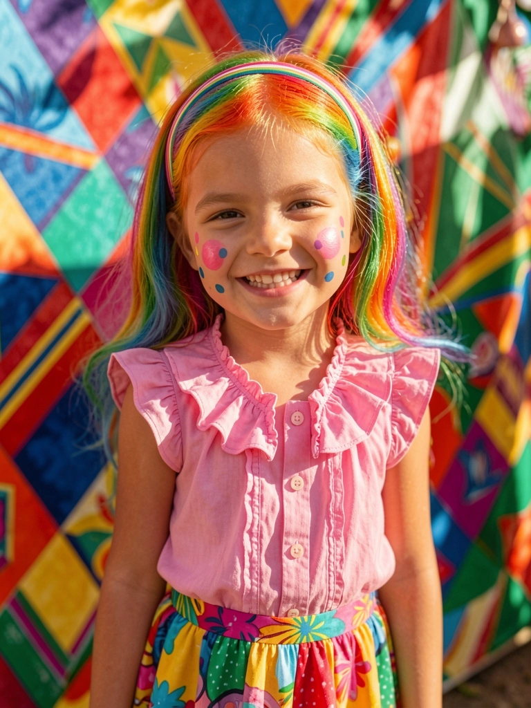 Menina com cabelo colorido arco-íris e tiara listrada, blusa rosa com babados e maquiagem de pintinhas, fundo geométrico colorido em luz natural.