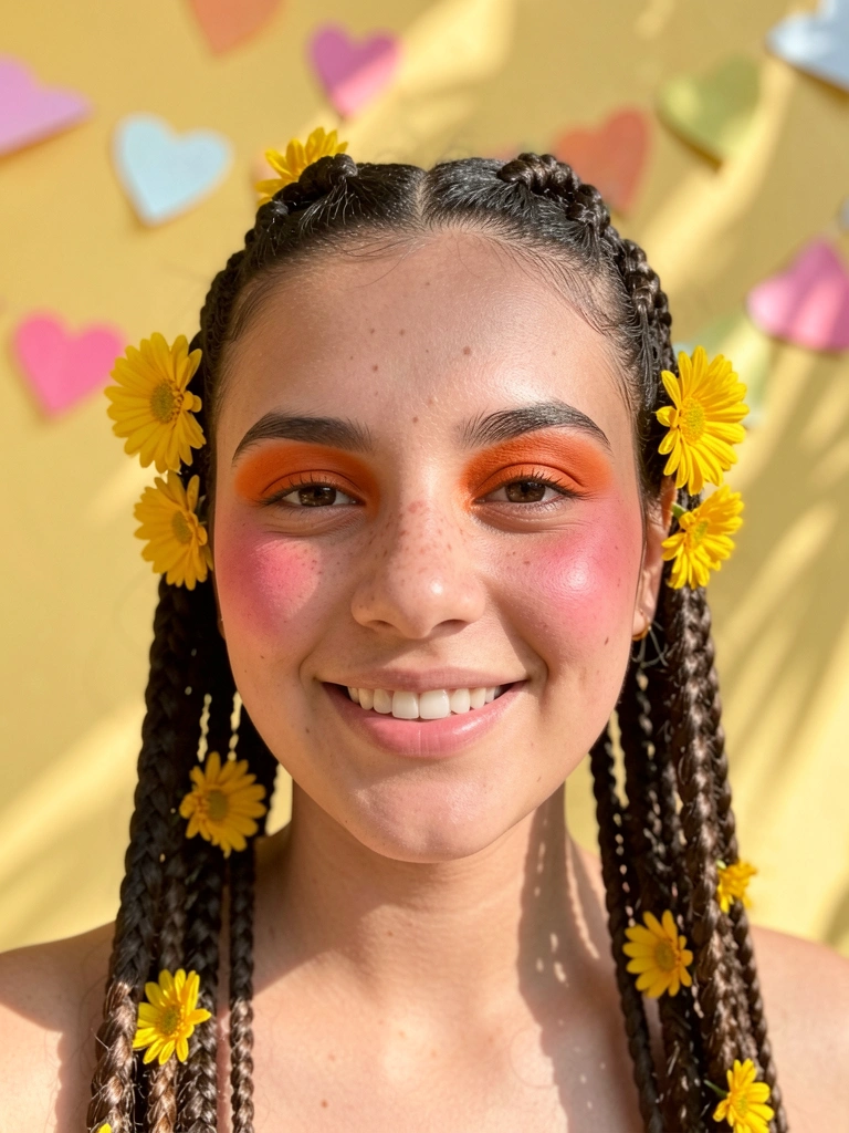 Jovem de cabelo trançado com flores amarelas, sombra laranja e sardas, sorrindo contra fundo amarelo com corações de papel.