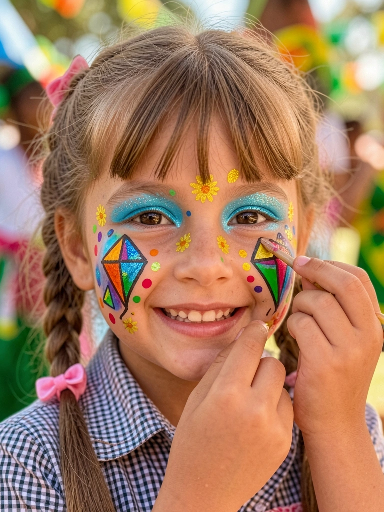 Menina com tranças e franja aplica maquiagem colorida com bolinhas, formas geométricas e glitter de margaridas, luz natural de festa junina.