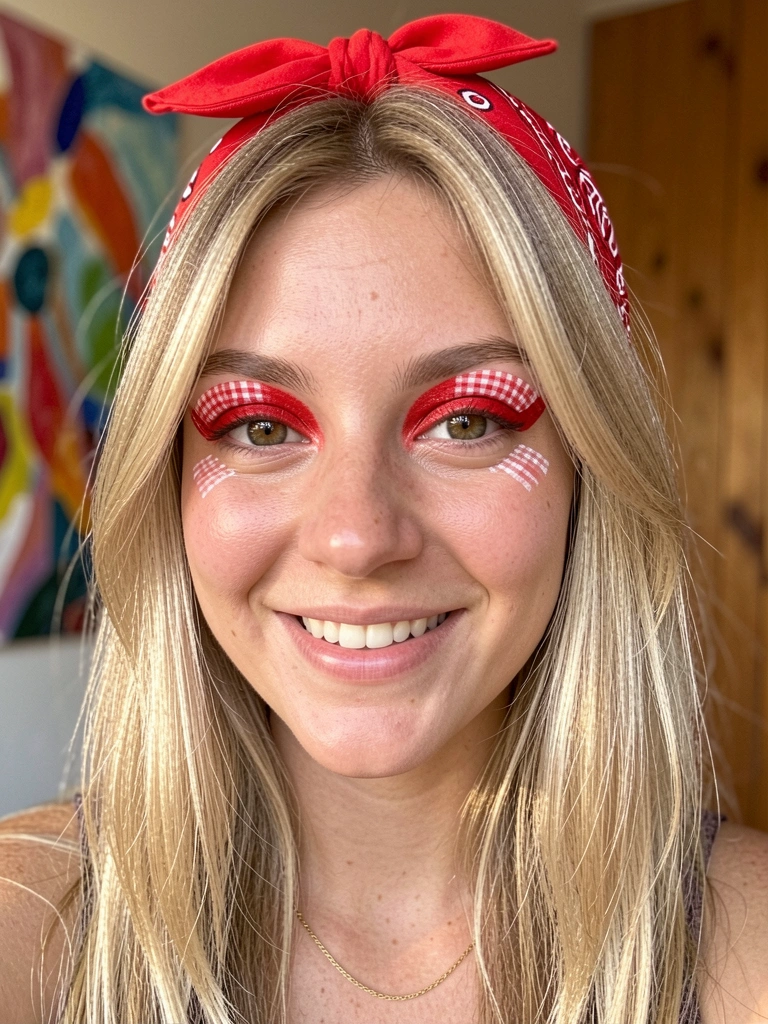 Jovem com bandana vermelha e olhos com pintinhas brancas, sorriso genuíno, fundo com pintura abstrata e parede de madeira.