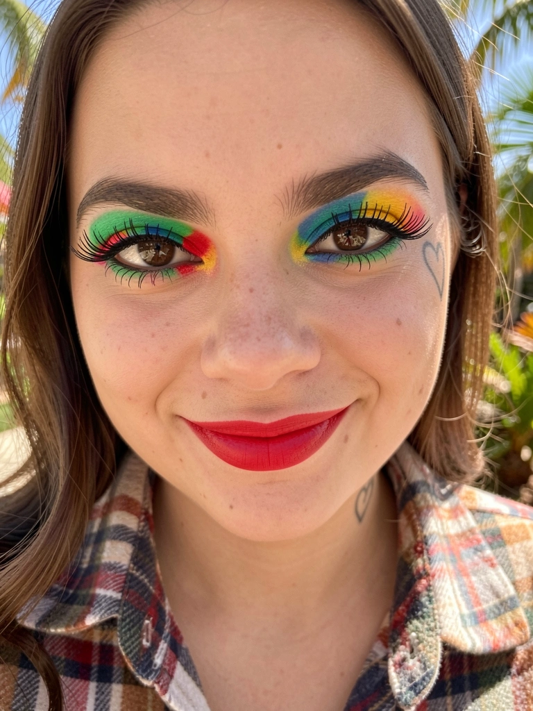 Jovem com sombra colorida patchwork em verde, azul, amarelo e vermelho, delineado preto e batom vermelho vibrante, camisa xadrez e tatuagem de coração na bochecha, fundo desfocado com folhagens tropicais ao sol.