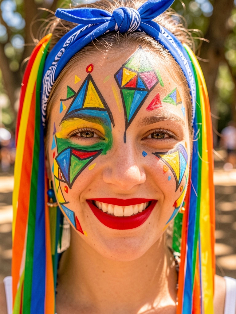 Jovem com pintura facial vibrante em forma de pipa, nas cores amarelo, azul, verde e vermelho, bandana azul e branca e fitas coloridas no cabelo, sorriso genuíno sob luz natural.