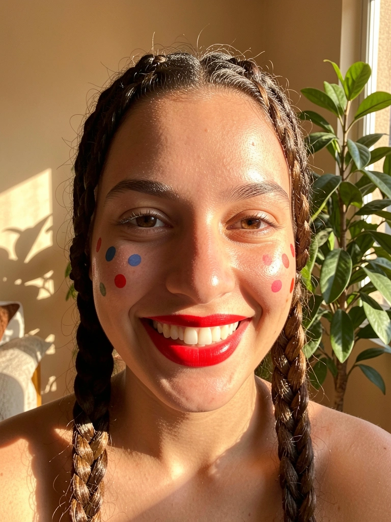 Jovem com cabelo trançado, pintinhas vermelhas nas bochechas e batom vibrante, sorrindo sob luz natural de janela com planta ao fundo.