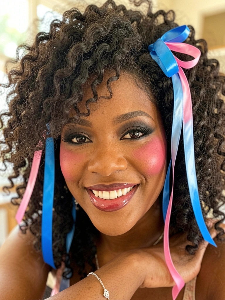 Retrato de mulher negra com cabelos crespos volumosos adornados com fitas azuis e rosas, maquiagem com sombra escura, blush rosado e batom gloss, brincos e pulseira de prata, fundo desfocado com luz natural.
