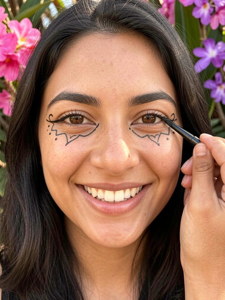 Jovem de cabelos escuros aplica delineado preto com pintinhas no rosto, sorriso natural, luz difusa e fundo desfocado com flores vibrantes.