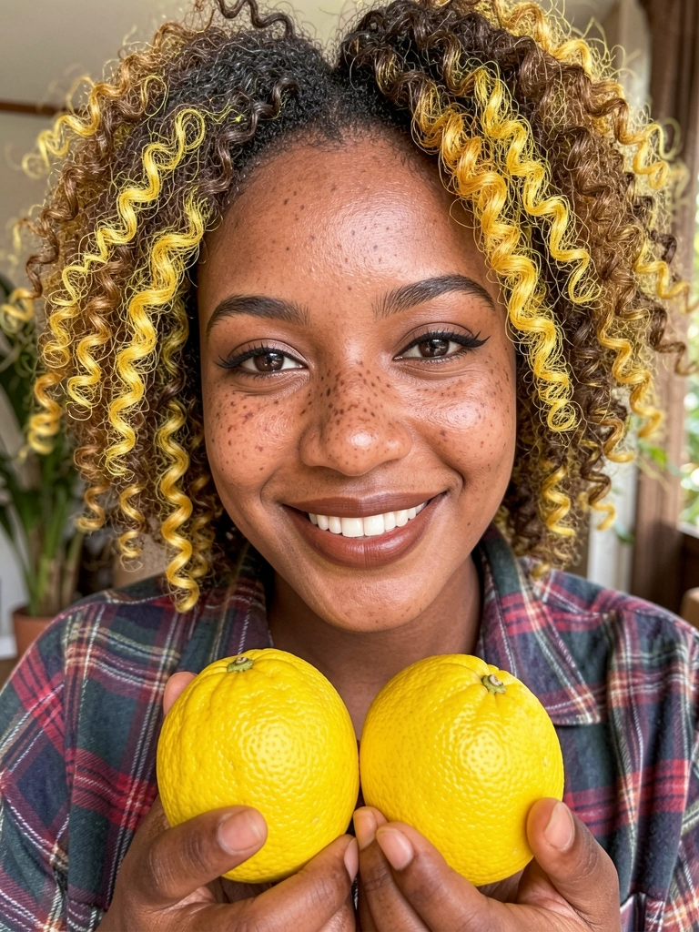 Jovem negra com sardas e cabelos cacheados com mechas amarelas, segurando frutas cítricas, camisa xadrez, luz suave e fundo desfocado.