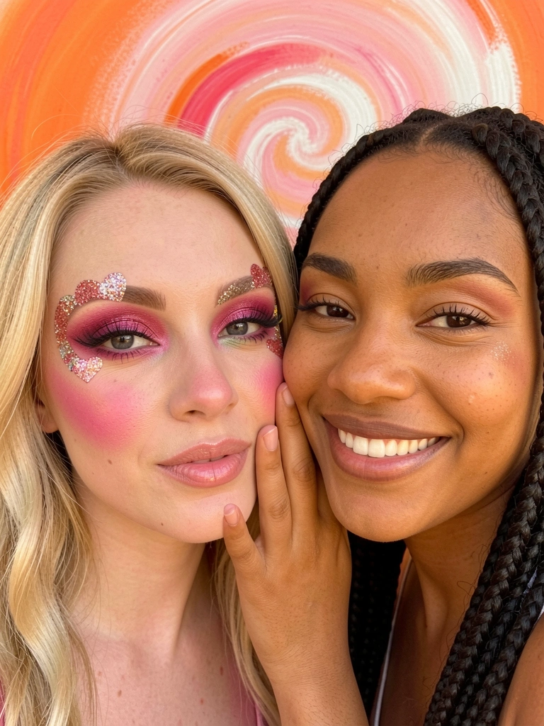 Mulher com tranças e sorriso genuíno toca o rosto de outra com glitter em coração e sombra colorida, fundo abstrato em laranja e rosa.