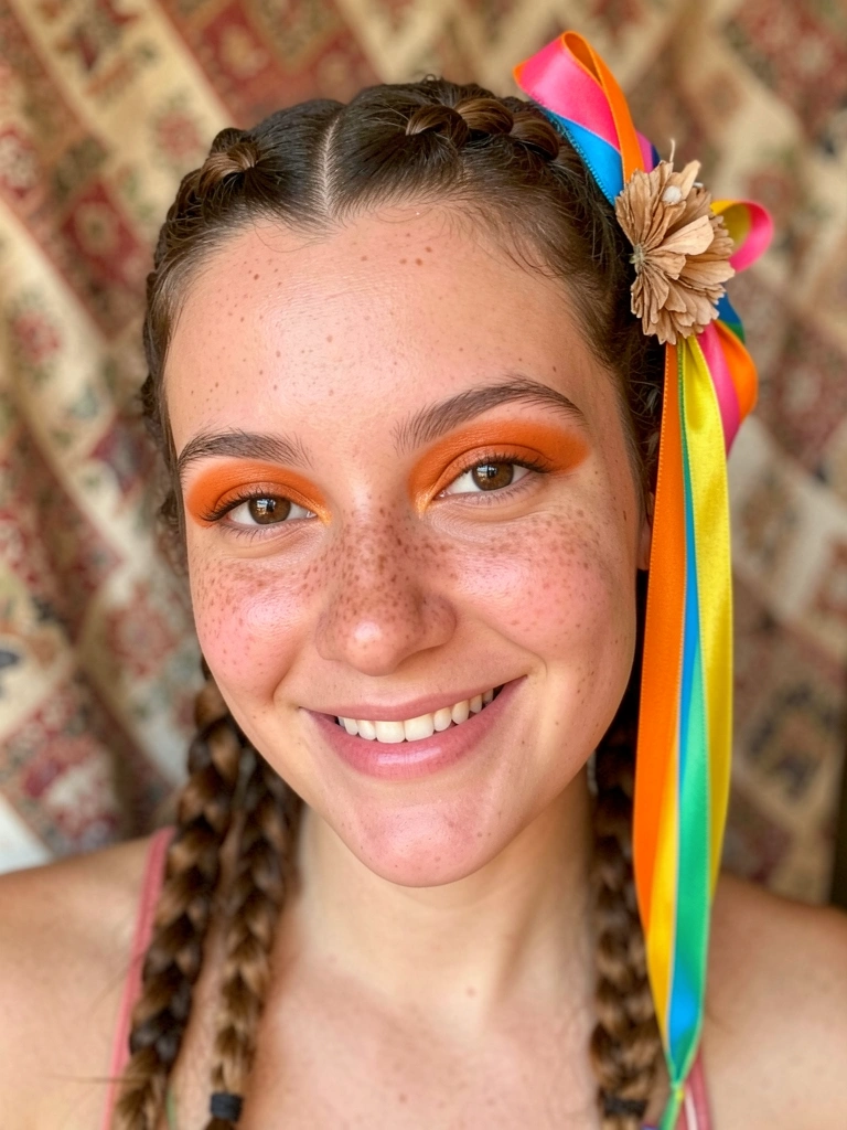 Moça com trança enfeitada por fita colorida (laranja, amarelo, azul, rosa e verde) e florzinha seca, sorrindo com luz natural.