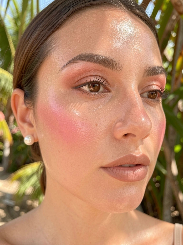 Close-up de mulher com pele radiante, brincos de pérola e olhos com maquiagem natural, luz difusa e fundo desfocado com folhas.
