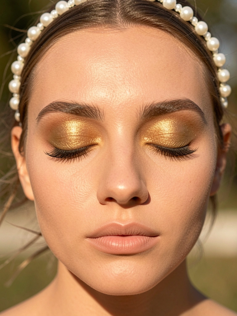 Close-up de mulher com olhos fechados, sombra dourada cintilante, tiara de pérolas e pele luminosa sob luz natural suave.