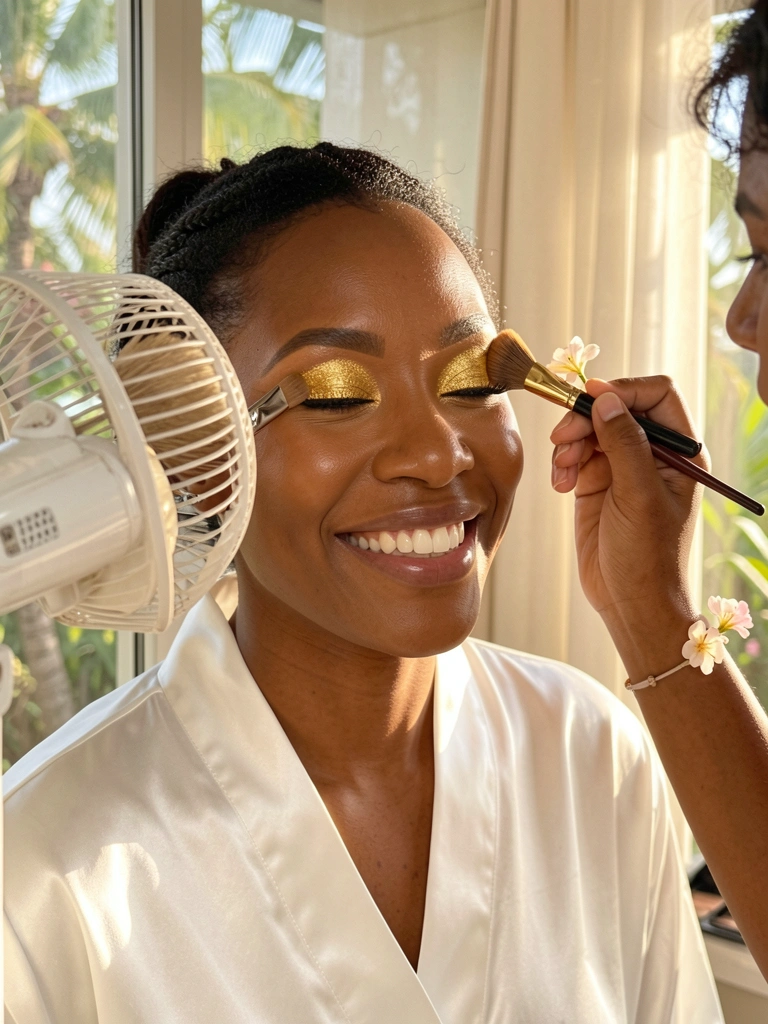 Mulher negra de roupão branco com maquiagem radiante, artista aplicando sombra dourada com pincel e flor delicada, luz natural filtrada.