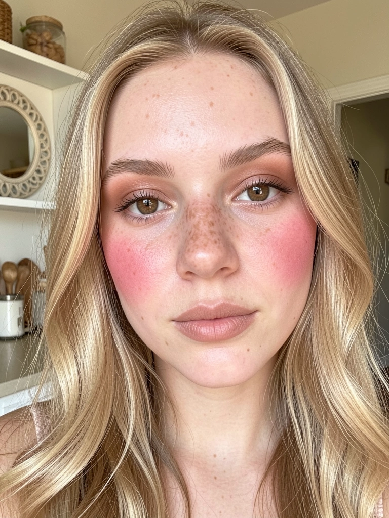 Jovem de cabelo loiro ondulado, pele clara com sardas e blush rosado, maquiagem nude em close-up com fundo de cozinha e espelho redondo.