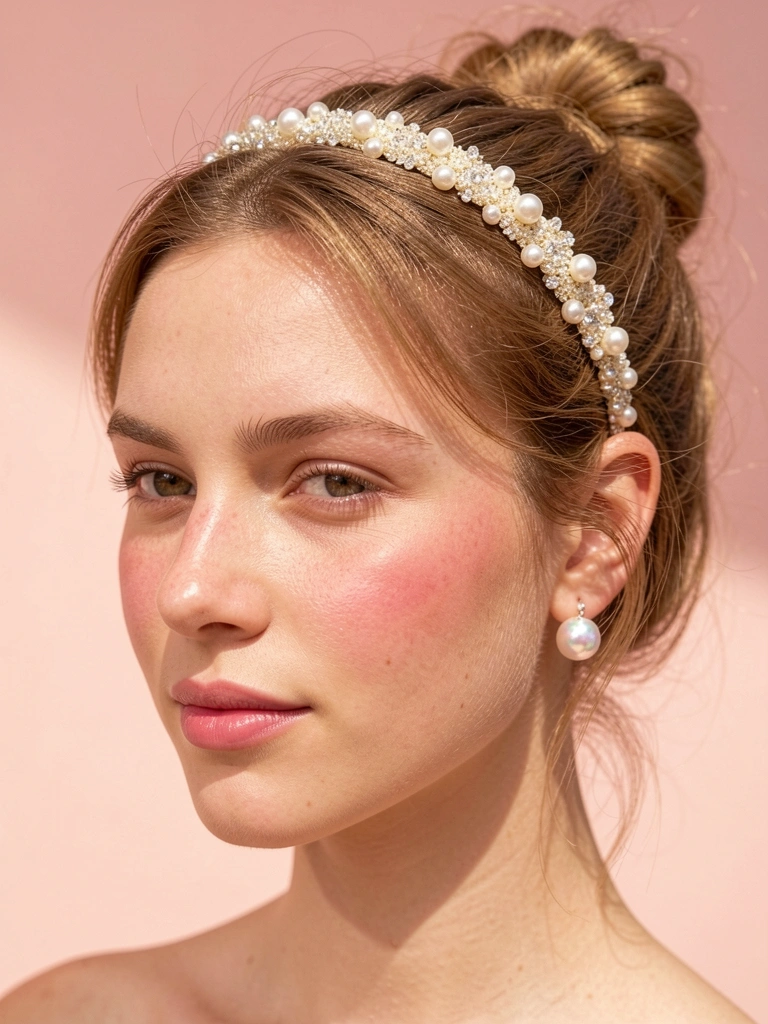 Jovem de cabelo preso em coque solto com tiara de pérolas e cristais, brincos de pérola, fundo rosa blush, luz natural.