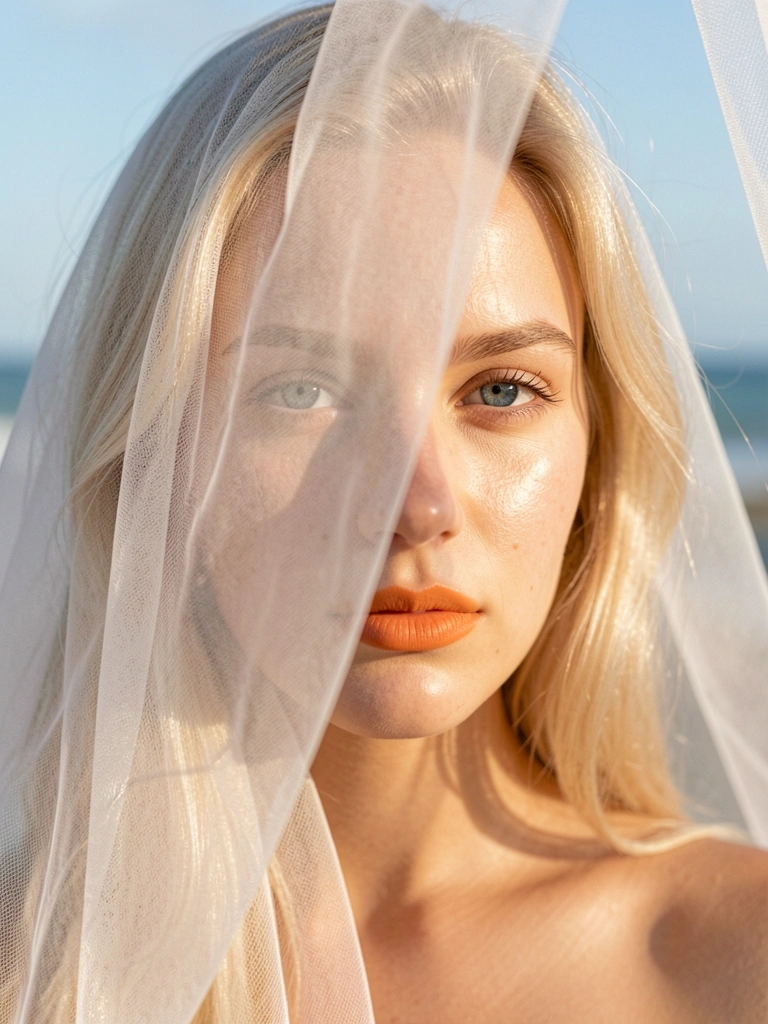 Jovem loira com véu branco transparente sobre o rosto, luz natural difusa e fundo costeiro desfocado.
