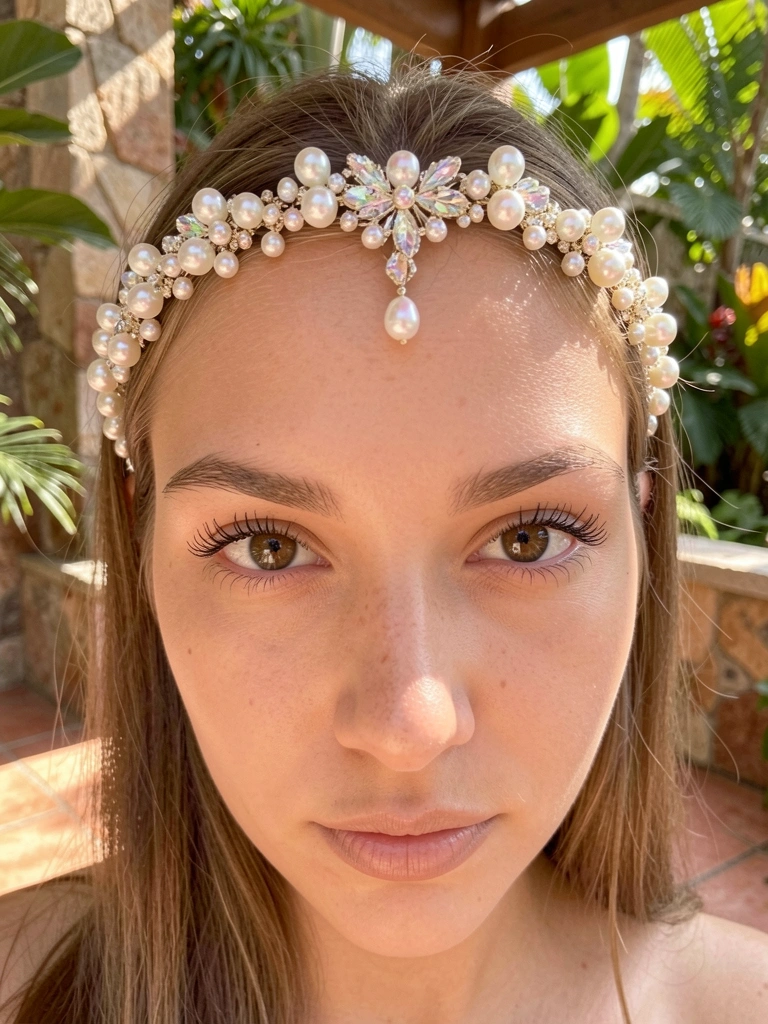 Jovem com tiara de pérolas e cristais, foco nos olhos, fundo desfocado de pátio ensolarado com pedras e vegetação.