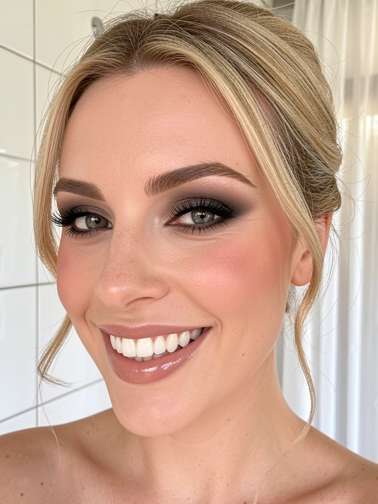 Mulher de pele clara e cabelo loiro preso, sorriso com dentes brancos, olhos com sombra esfumada e cílios pretos, luz natural suave, fundo desfocado com azulejos brancos e cortina.