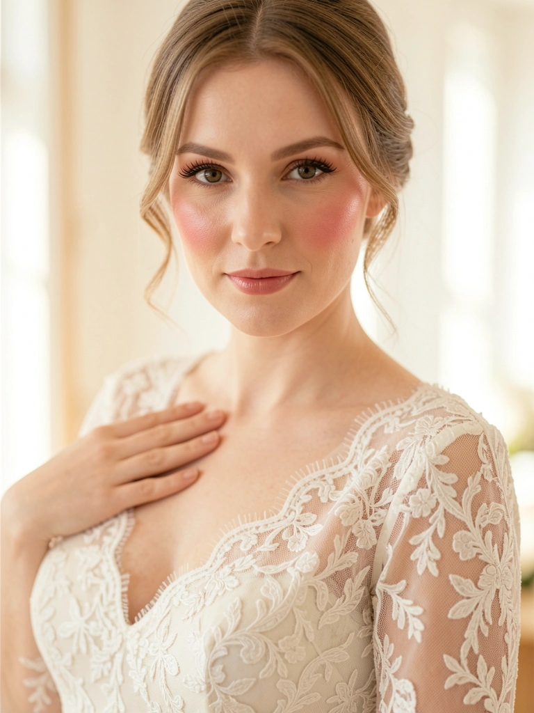 Close-up de mulher com vestido de renda delicada, mão tocando o tecido, pele clara e cabelo preso, fundo desfocado com luz natural.