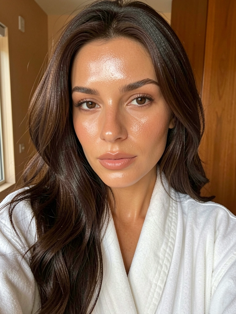 Mulher de cabelo castanho escuro e pele luminosa em roupão branco, olhando para a câmera com luz difusa suave e fundo desfocado de madeira.