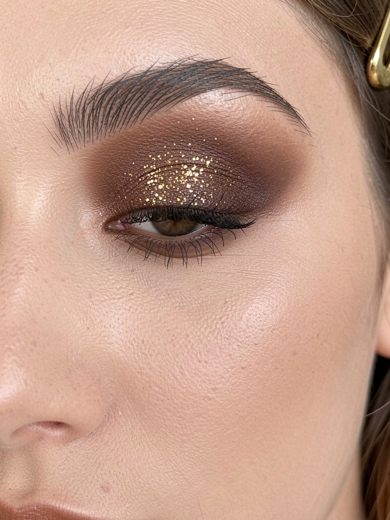 Close-up de olhos com sombra marrom esfumada e glitter dourado, cílios naturais e batom marrom suave, iluminação difusa e clipe de cabelo dourado no canto superior direito.