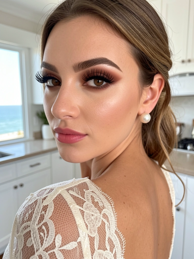 Close-up de noiva com maquiagem marcada, olhos com sombra marrom e cílios volumosos, vestido de renda off-white e brinco de pérola, luz natural difusa e cozinha com armários brancos ao fundo desfocado.