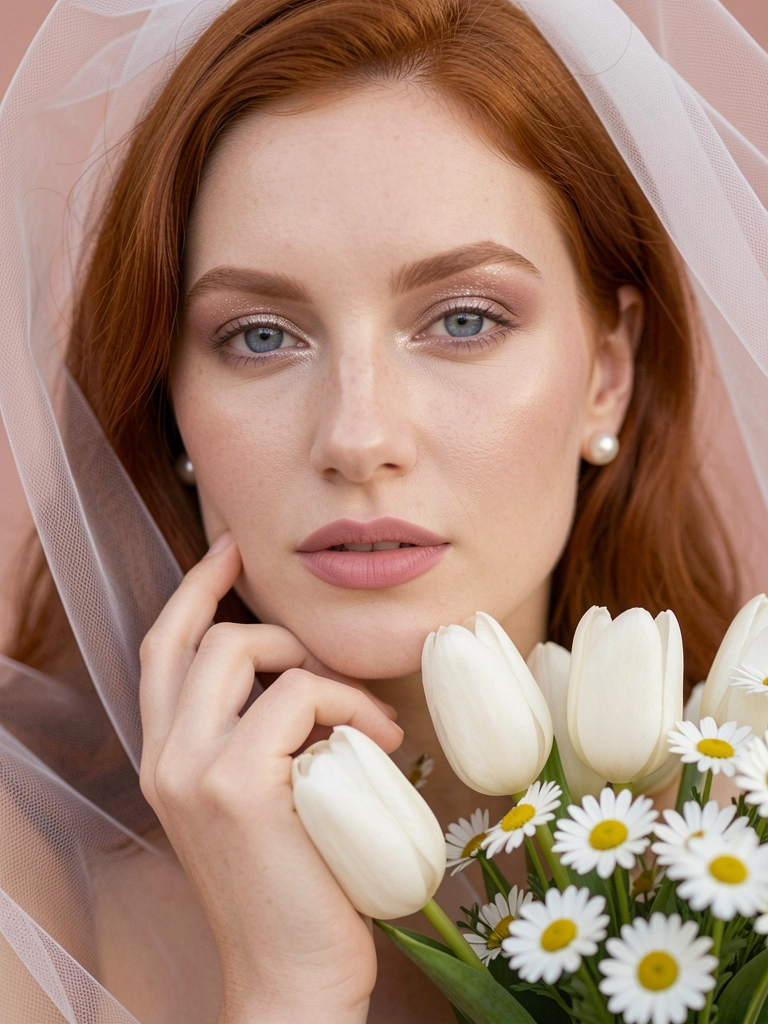 Close-up de mulher ruiva com batom blush e sombra cintilante, segurando o queixo com brinco de pérola e véu de tule, tulipas brancas e margaridas em luz natural suave, fundo rosa desfocado.
