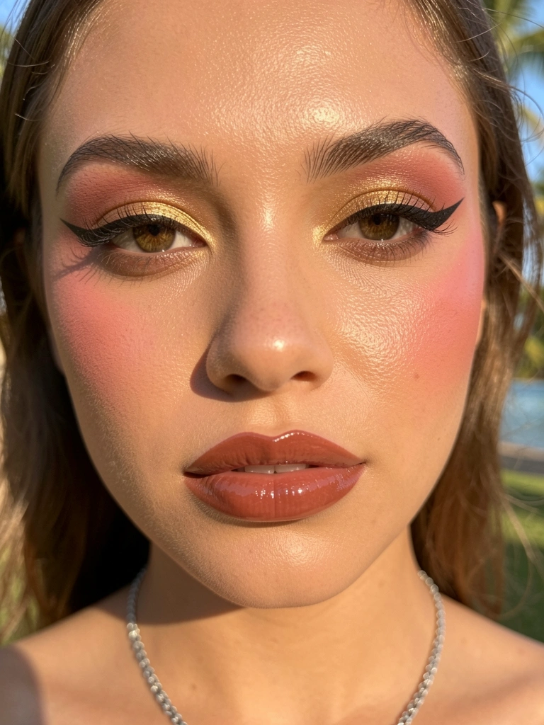 Jovem com pele de orvalho, blush rosado, sombra dourada cintilante, delineado gatinho e batom terracota gloss, colar de prata, luz difusa e fundo tropical desfocado.