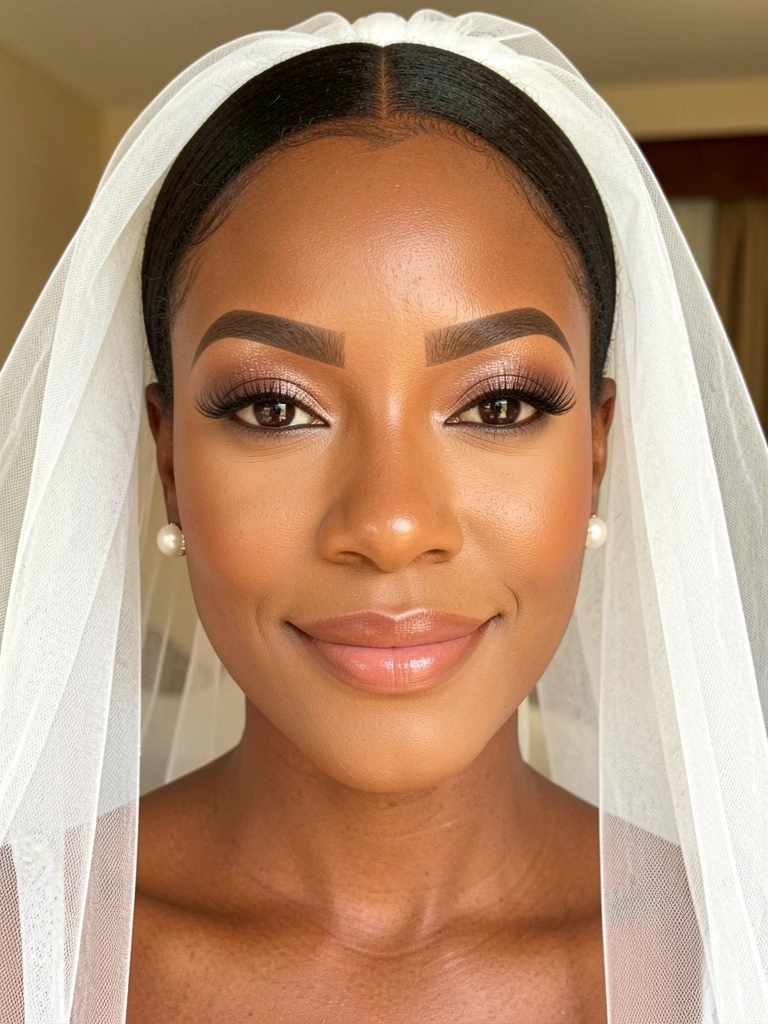 Close-up de mulher negra com véu de noiva, brincos de pérola e maquiagem iluminada por luz natural suave.