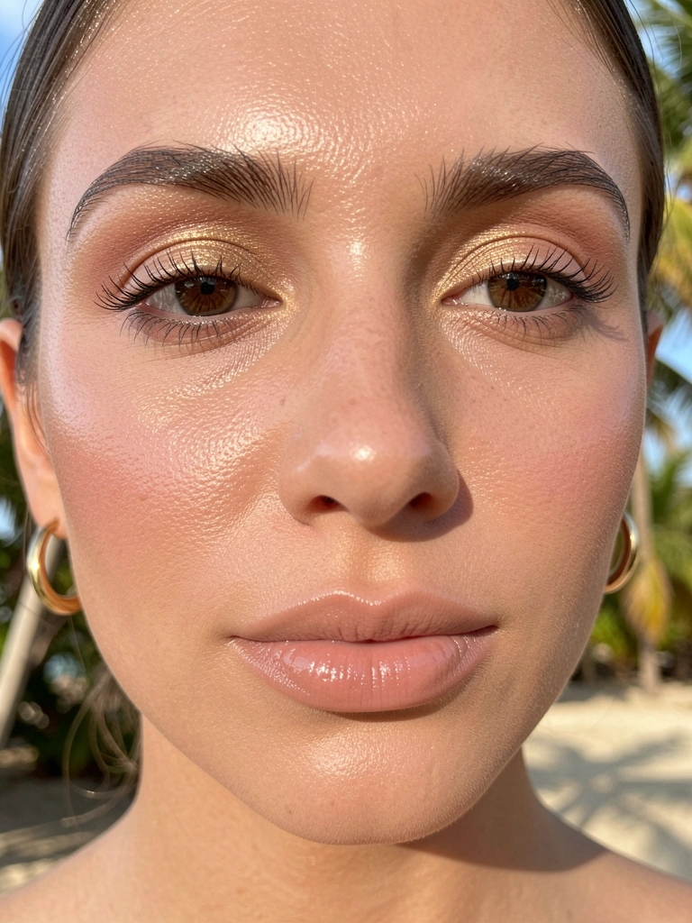Close-up feminino com pele radiante, sombra dourada suave, iluminador cintilante champanhe e brincos de argola dourados, luz natural difusa e fundo tropical.