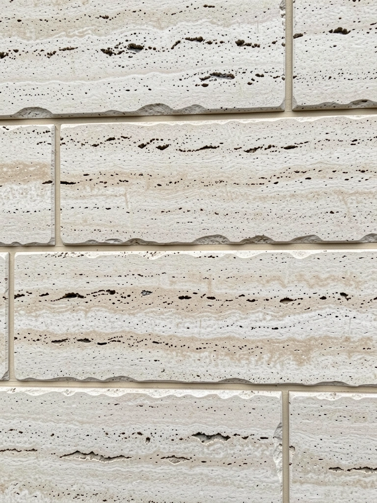 Bloco de travertino bruto com veios e poros visíveis na superfície.