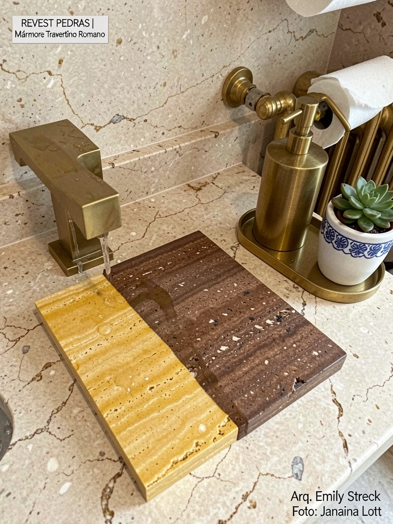 Duas placas de travertino, uma amarela e outra marrom, encostadas em uma parede.