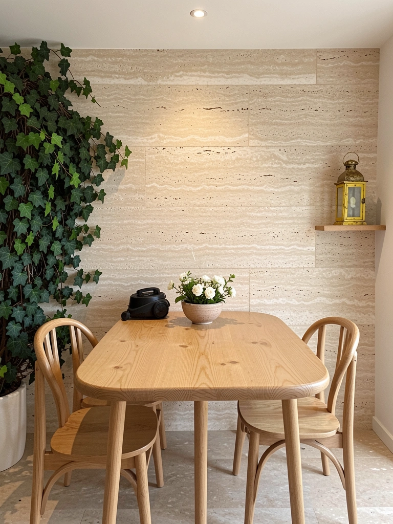 Parede de travertino com veios sutis ao lado de painel de madeira clara e vaso com planta verde.