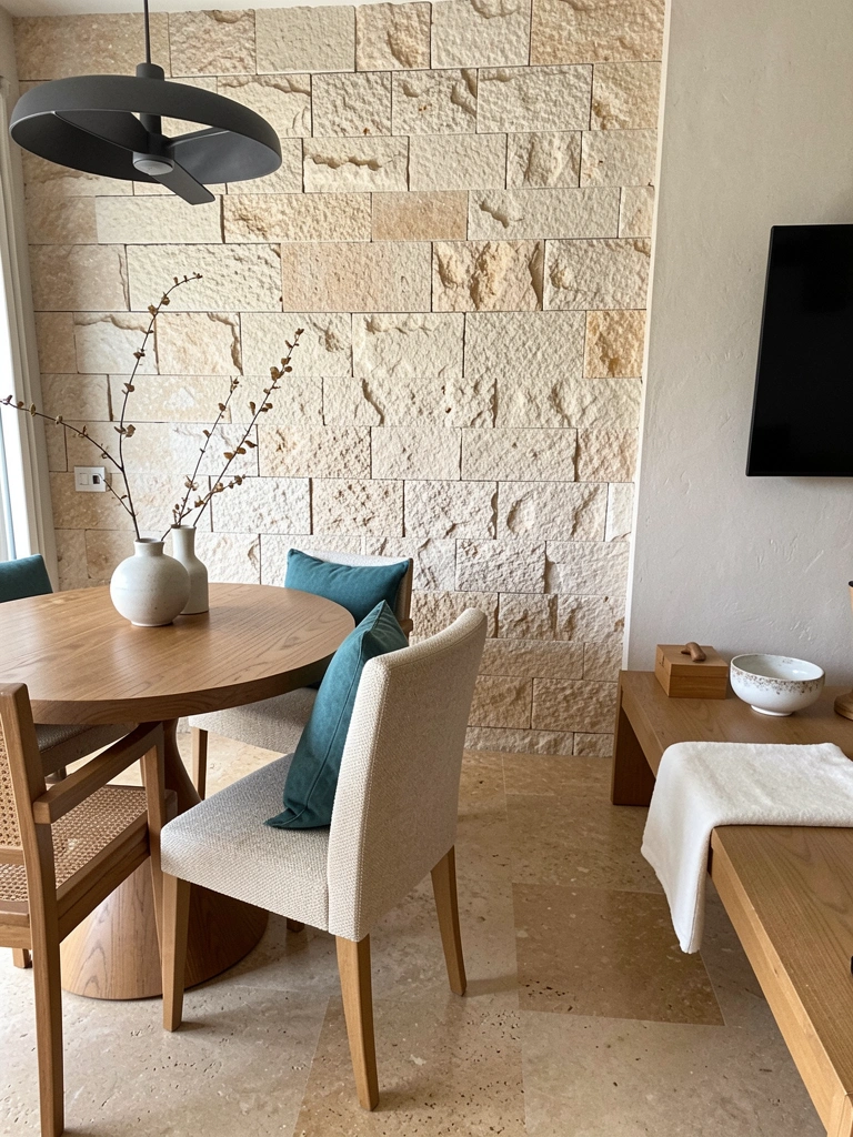 Sala com piso travertino claro, sofá bege, mesa de centro de madeira e vasos com plantas.