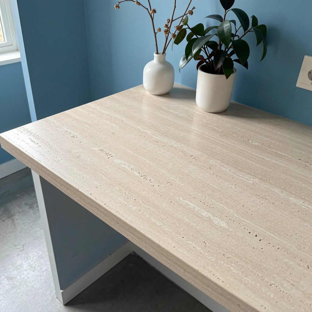 Bancada de travertino em cozinha minimalista com armários claros e iluminação natural.